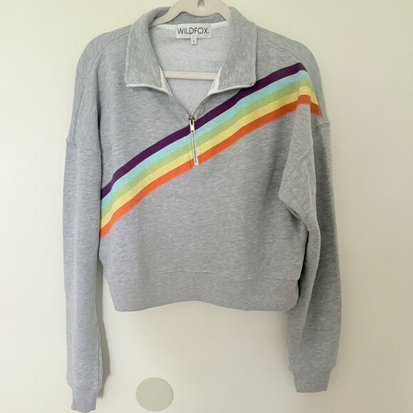 Wildfox Rainbow Pride Gray Half Zip Retro Fit Banded Cuff Cozy Pullover Sweat S - Picture 2 of 8